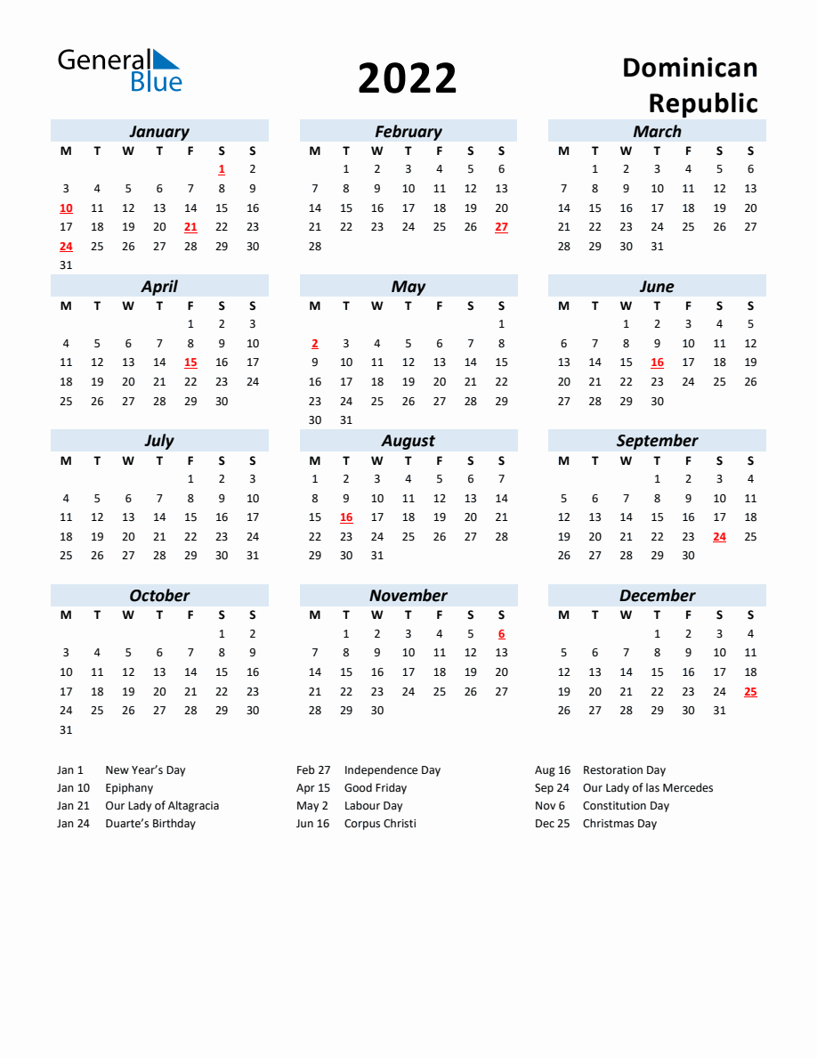 2022 Yearly Calendar For Dominican Republic With Holidays
