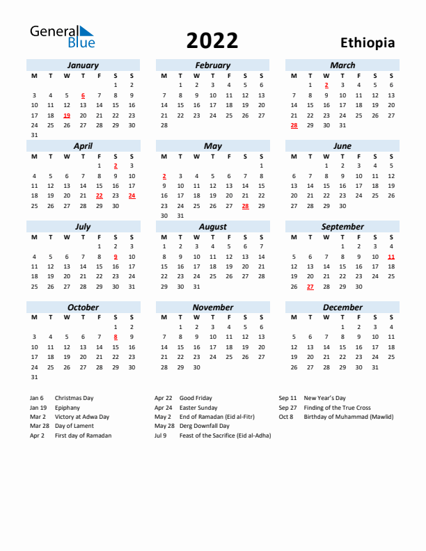 2022 Calendar for Ethiopia with Holidays