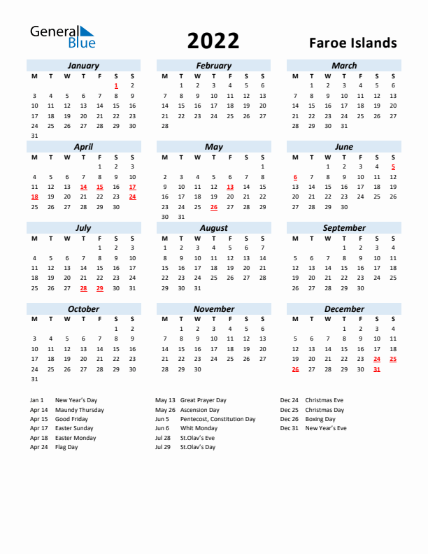 2022 Calendar for Faroe Islands with Holidays