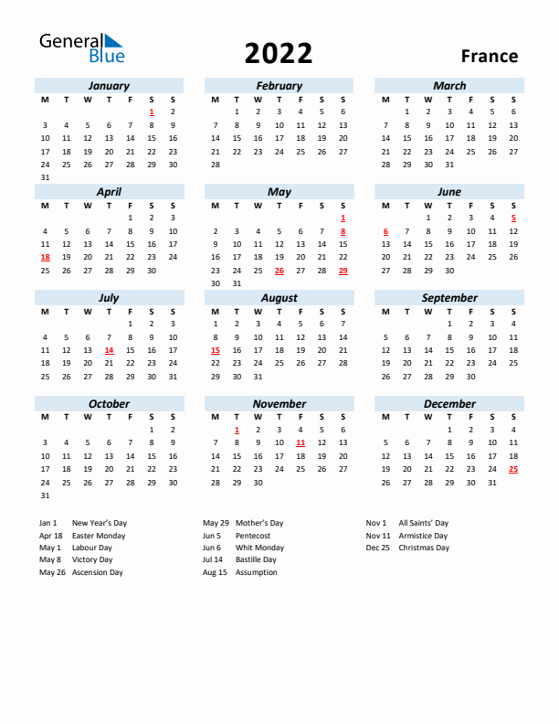 2022 Calendar for France with Holidays