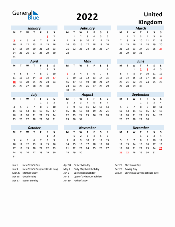 2022 Calendar for United Kingdom with Holidays