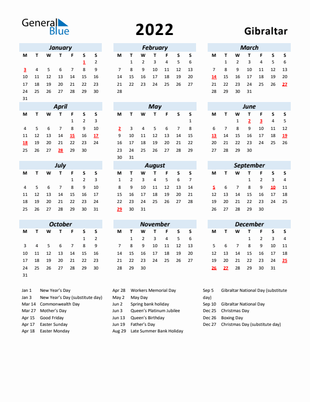 2022 Calendar for Gibraltar with Holidays