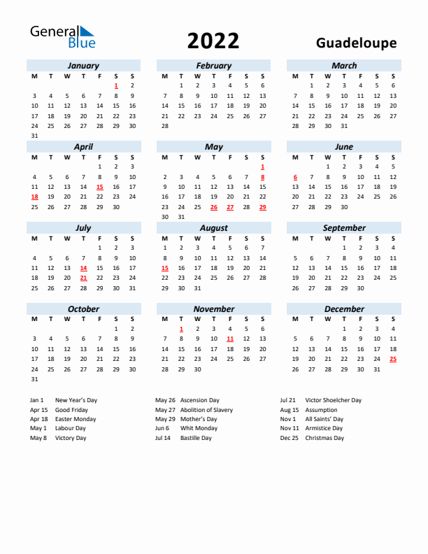 2022 Calendar for Guadeloupe with Holidays