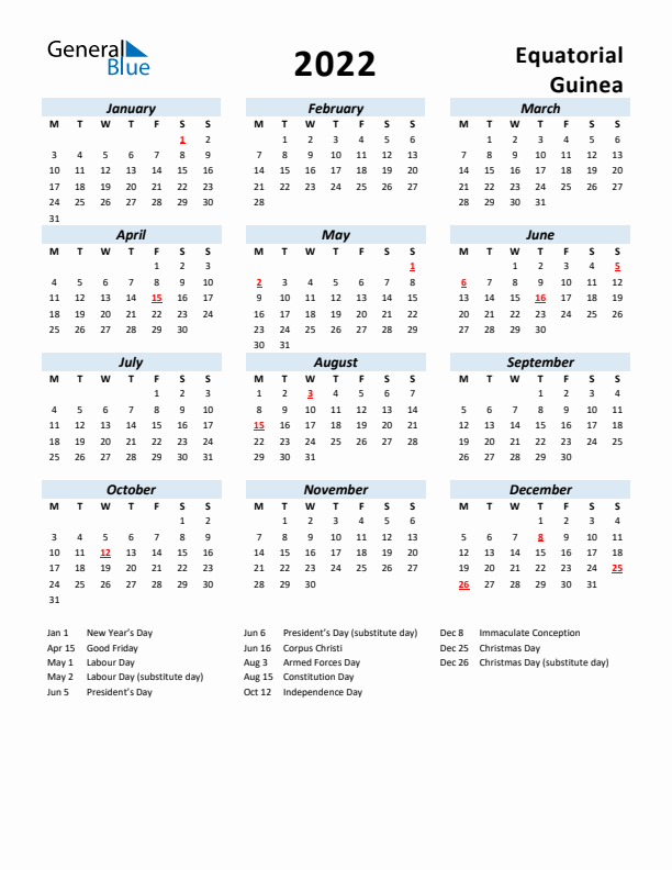 2022 Calendar for Equatorial Guinea with Holidays