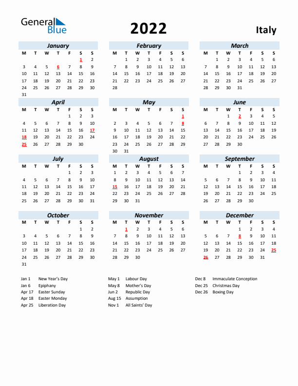 2022 Calendar for Italy with Holidays