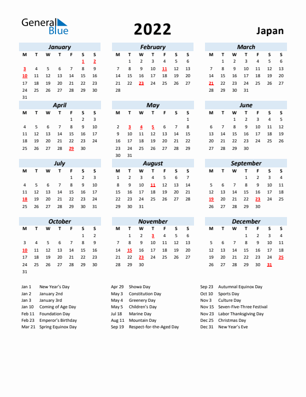 2022 Calendar for Japan with Holidays