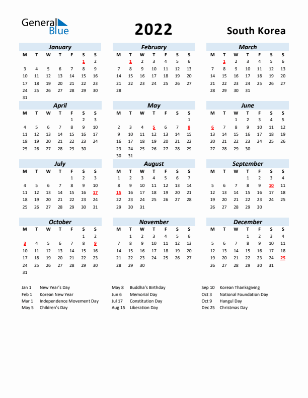 2022 Calendar for South Korea with Holidays