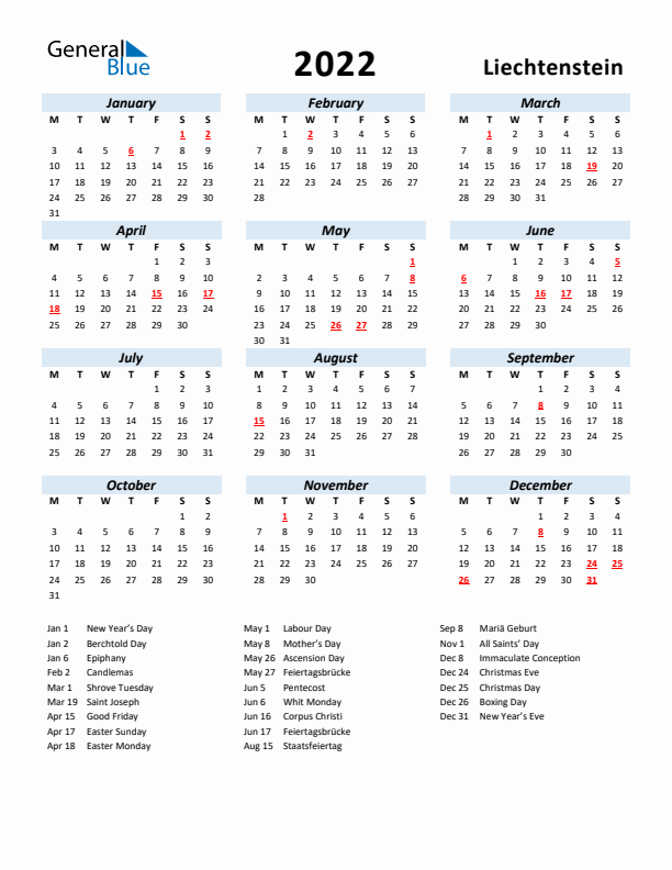 2022 Calendar for Liechtenstein with Holidays