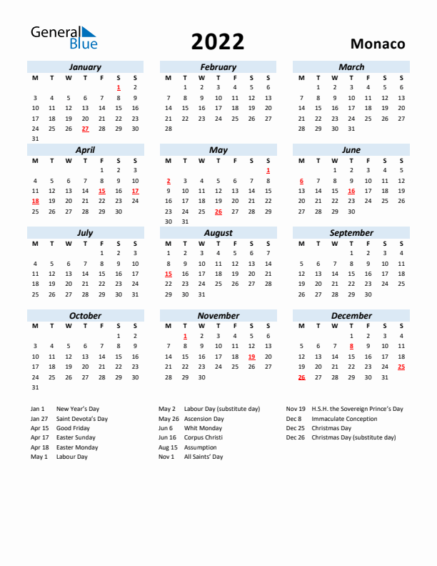 2022 Calendar for Monaco with Holidays