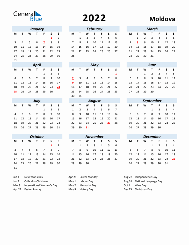 2022 Calendar for Moldova with Holidays