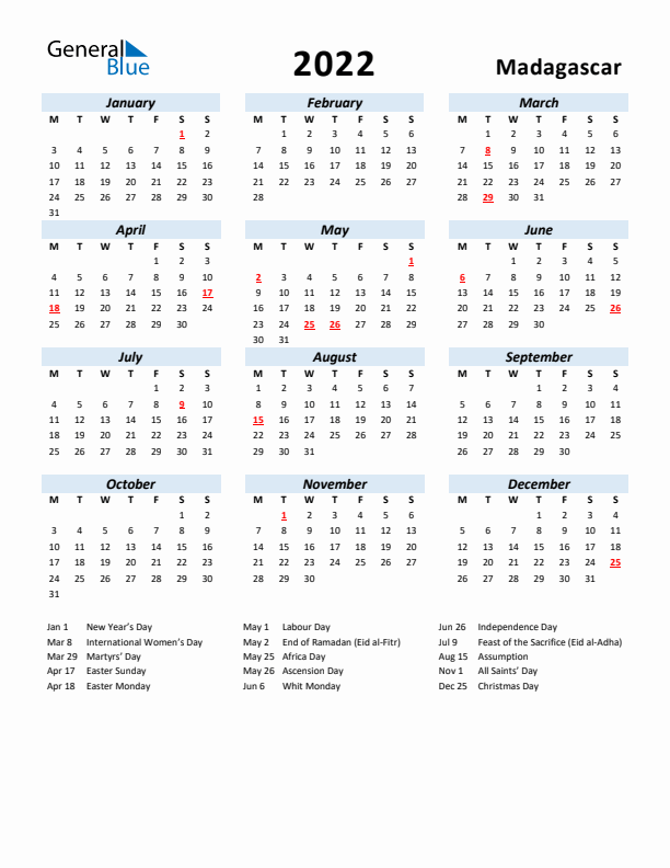 2022 Calendar for Madagascar with Holidays