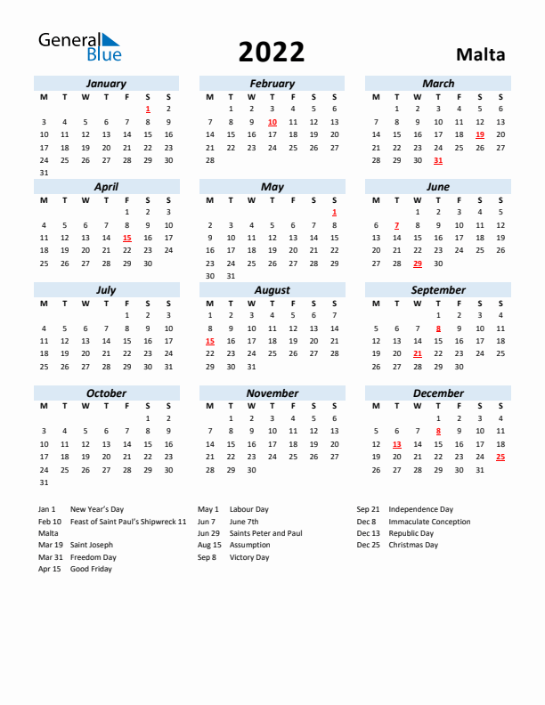 2022 Calendar for Malta with Holidays