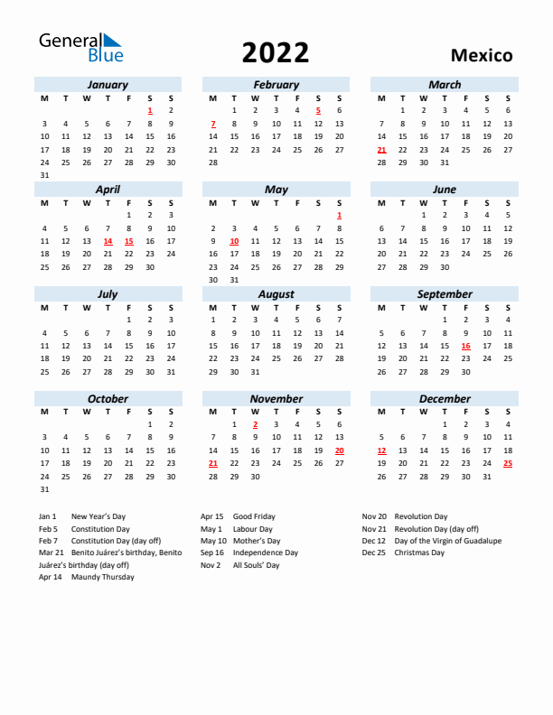 2022 Calendar for Mexico with Holidays