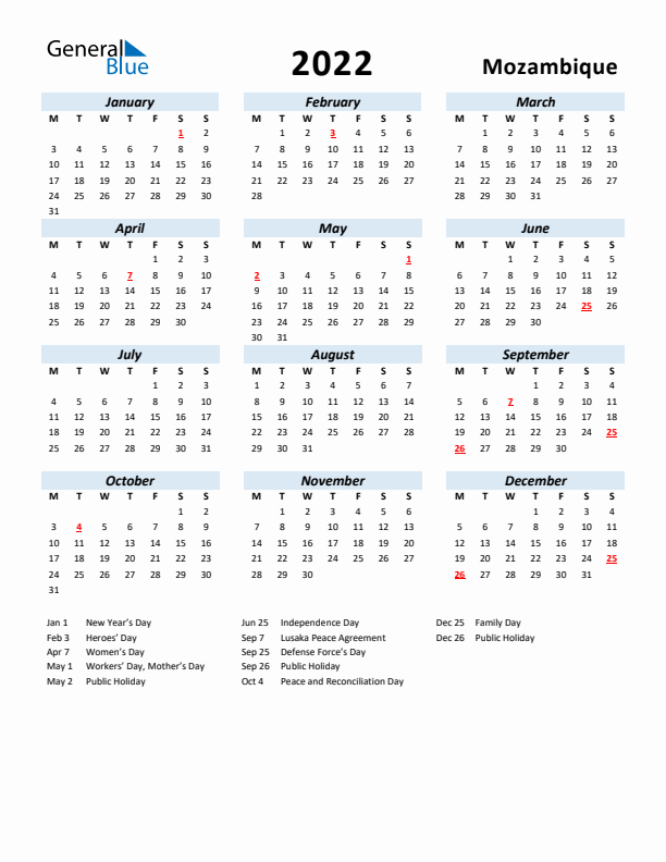 2022 Calendar for Mozambique with Holidays