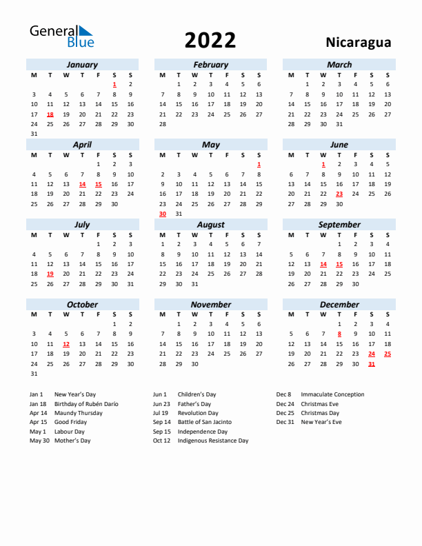 2022 Calendar for Nicaragua with Holidays