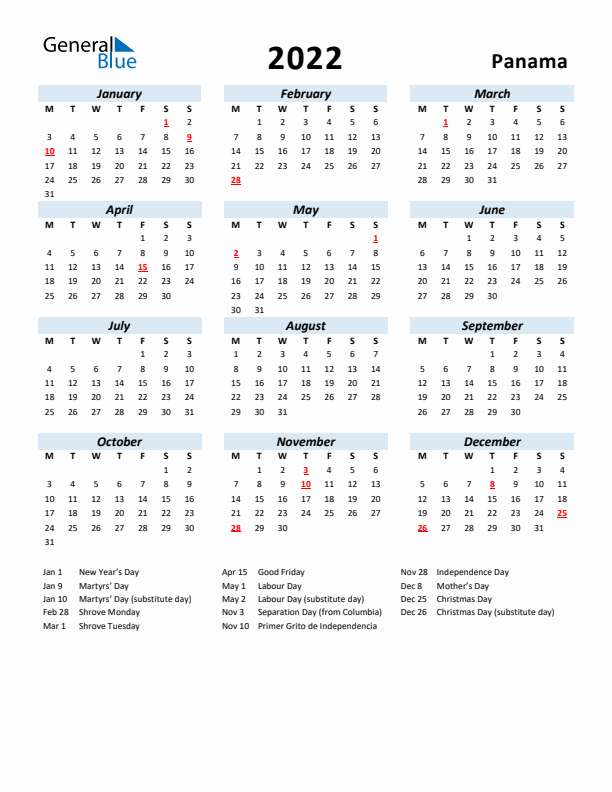 2022 Calendar for Panama with Holidays