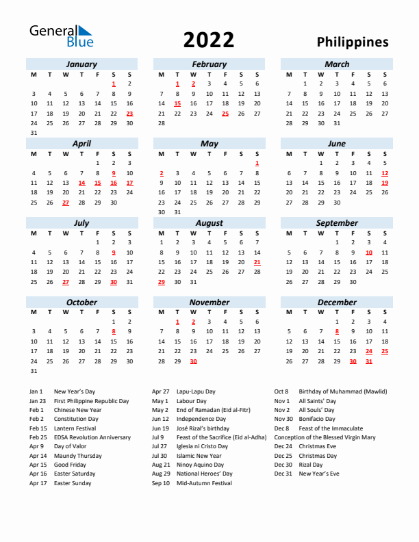 2022 Calendar for Philippines with Holidays