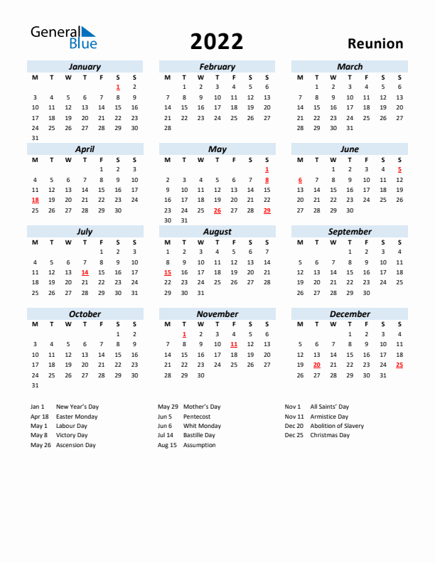 2022 Calendar for Reunion with Holidays
