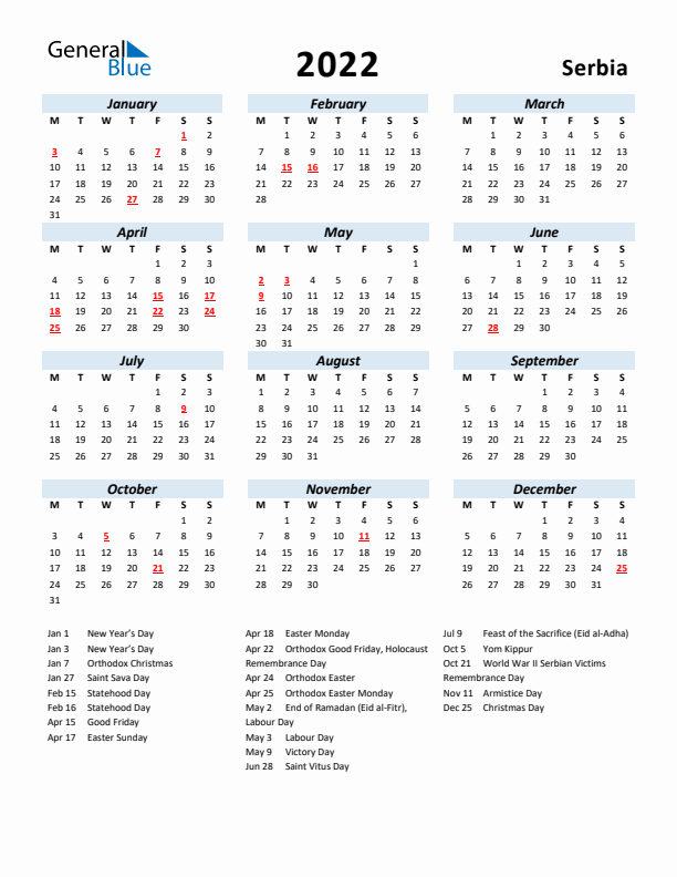 2022 Calendar for Serbia with Holidays