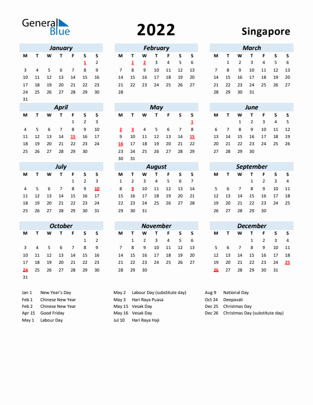 2022 Calendar for Singapore with Holidays