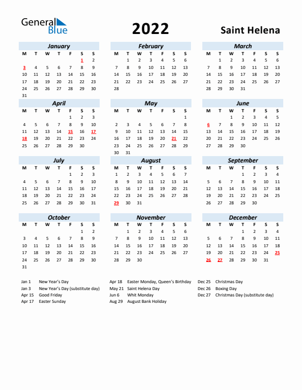 2022 Calendar for Saint Helena with Holidays