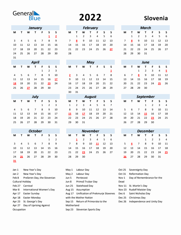 2022 Calendar for Slovenia with Holidays