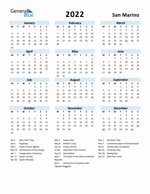 2022 Calendar for San Marino with Holidays