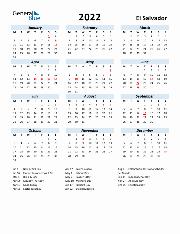 2022 Calendar for El Salvador with Holidays