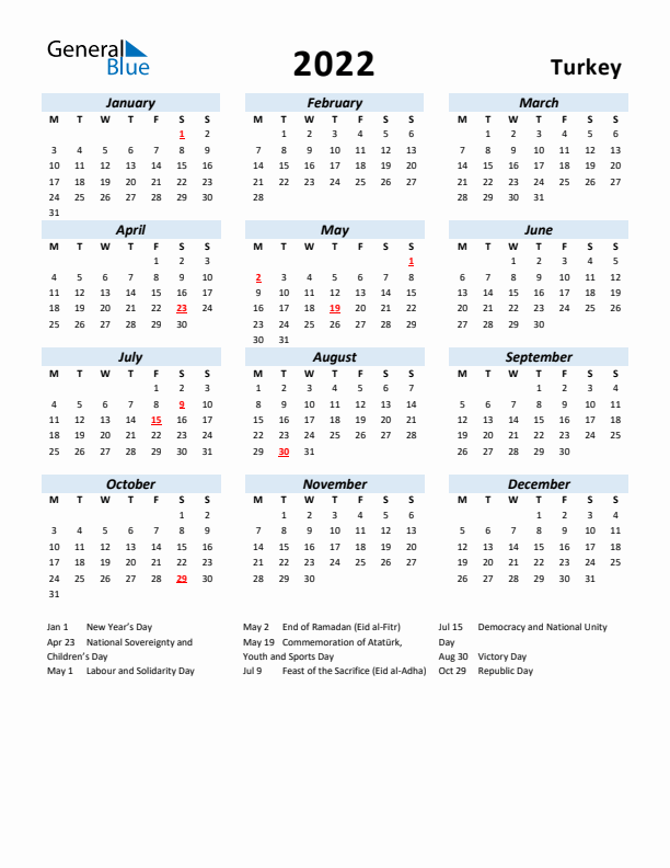 2022 Calendar for Turkey with Holidays