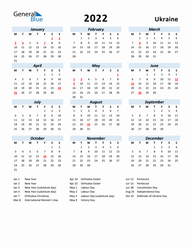2022 Calendar for Ukraine with Holidays