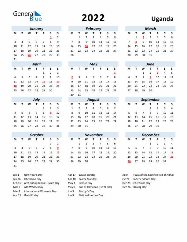 2022 Calendar for Uganda with Holidays