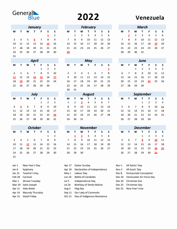2022 Calendar for Venezuela with Holidays