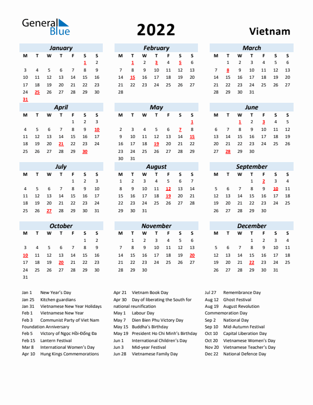 2022 Calendar for Vietnam with Holidays