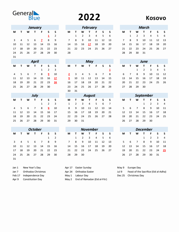 2022 Calendar for Kosovo with Holidays