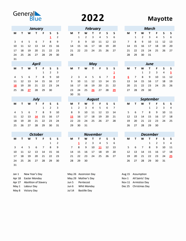 2022 Calendar for Mayotte with Holidays