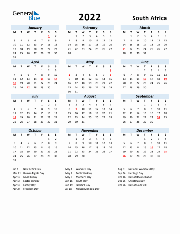 2022 Calendar for South Africa with Holidays