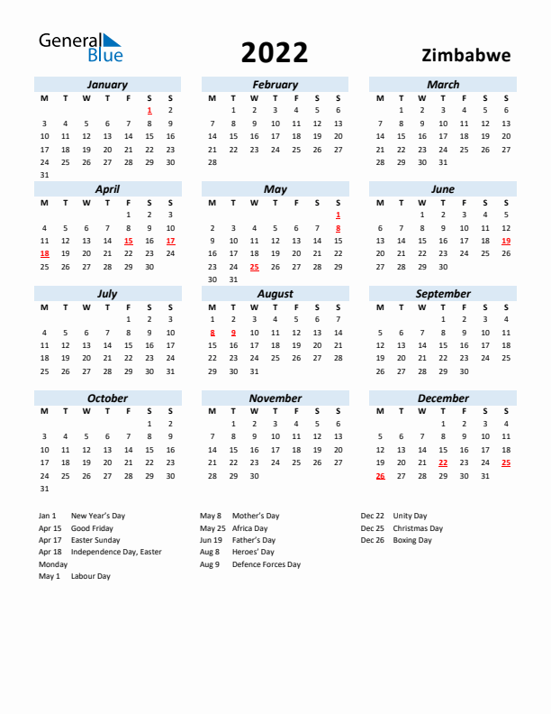 2022 Calendar for Zimbabwe with Holidays
