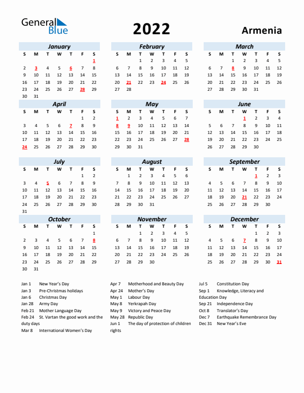 2022 Calendar for Armenia with Holidays