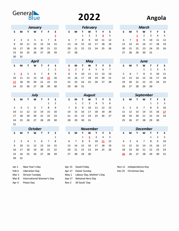 2022 Calendar for Angola with Holidays