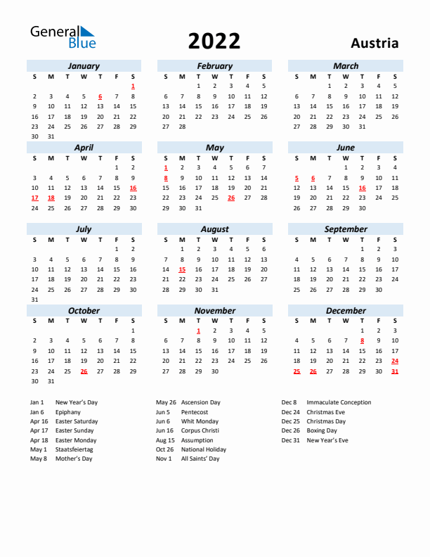 2022 Calendar for Austria with Holidays