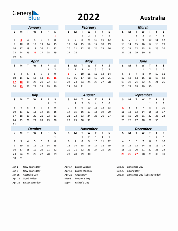 2022 Calendar for Australia with Holidays