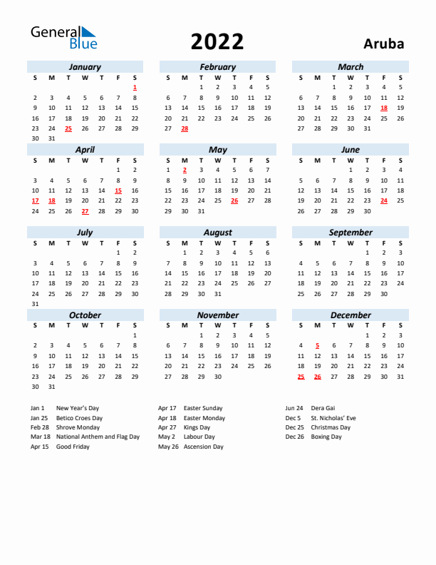 2022 Calendar for Aruba with Holidays
