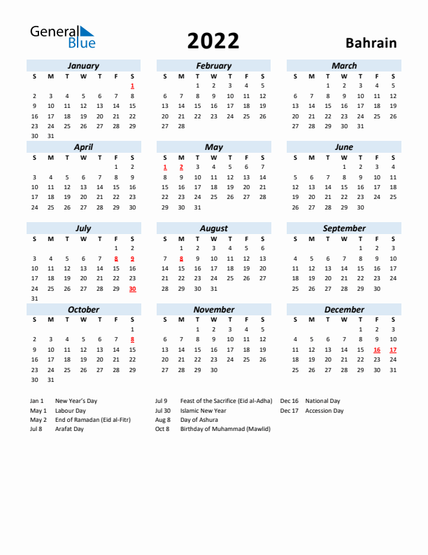 2022 Calendar for Bahrain with Holidays