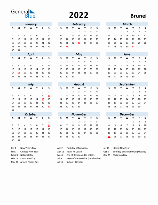 2022 Calendar for Brunei with Holidays