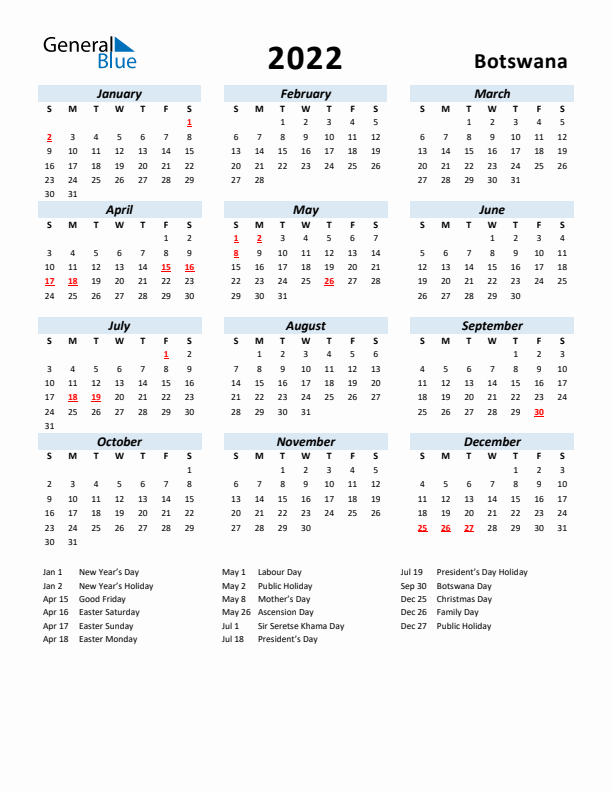 2022 Calendar for Botswana with Holidays