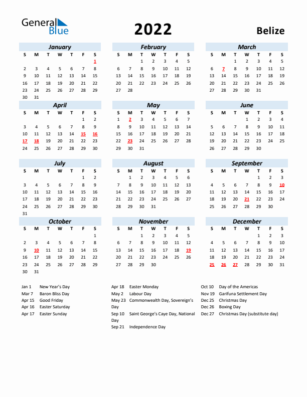 2022 Calendar for Belize with Holidays