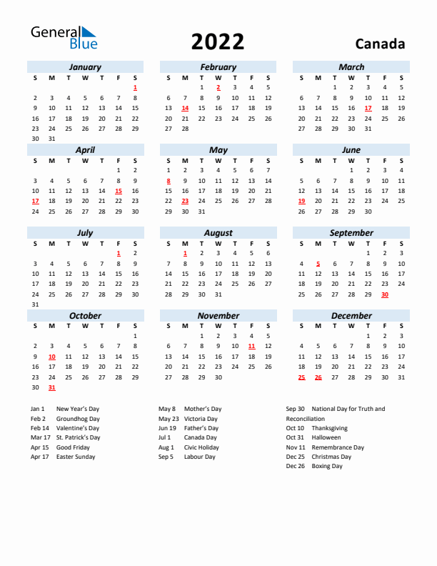 2022 Calendar for Canada with Holidays