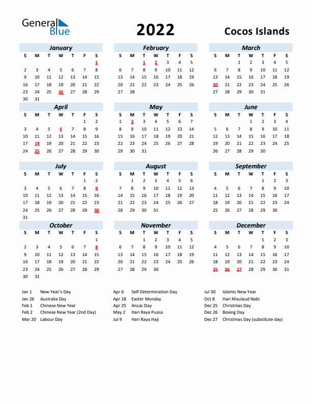 2022 Calendar for Cocos Islands with Holidays