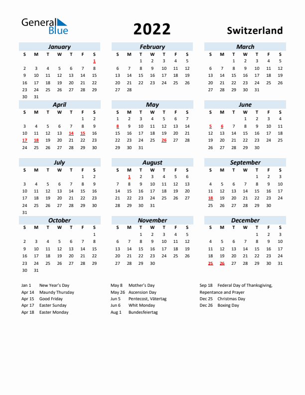 2022 Calendar for Switzerland with Holidays