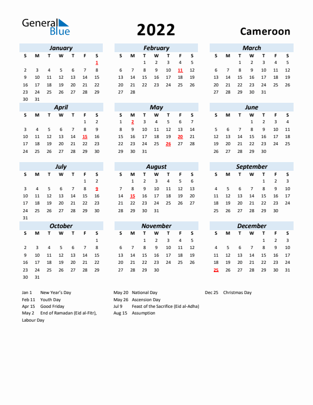 2022 Calendar for Cameroon with Holidays